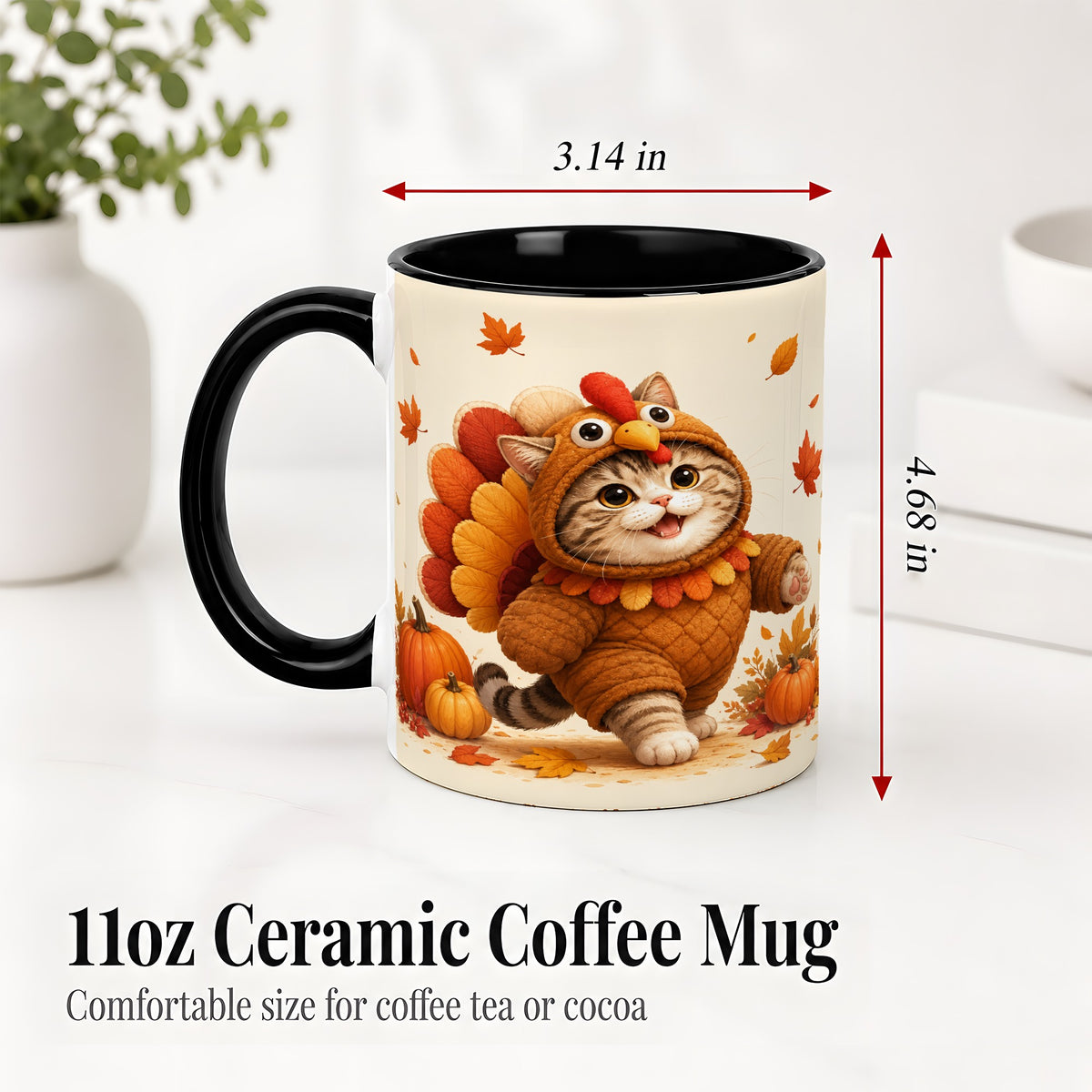 #pl[11oz|Black] Thanksgiving Cat Accent Mug, Mug with Turkey Costume Artwork