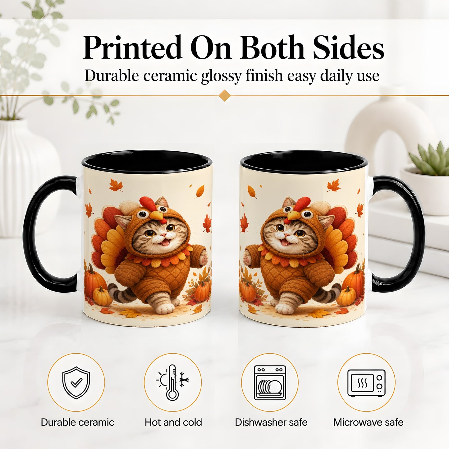 #pl[11oz|Black] Thanksgiving Cat Accent Mug, Mug with Turkey Costume Artwork