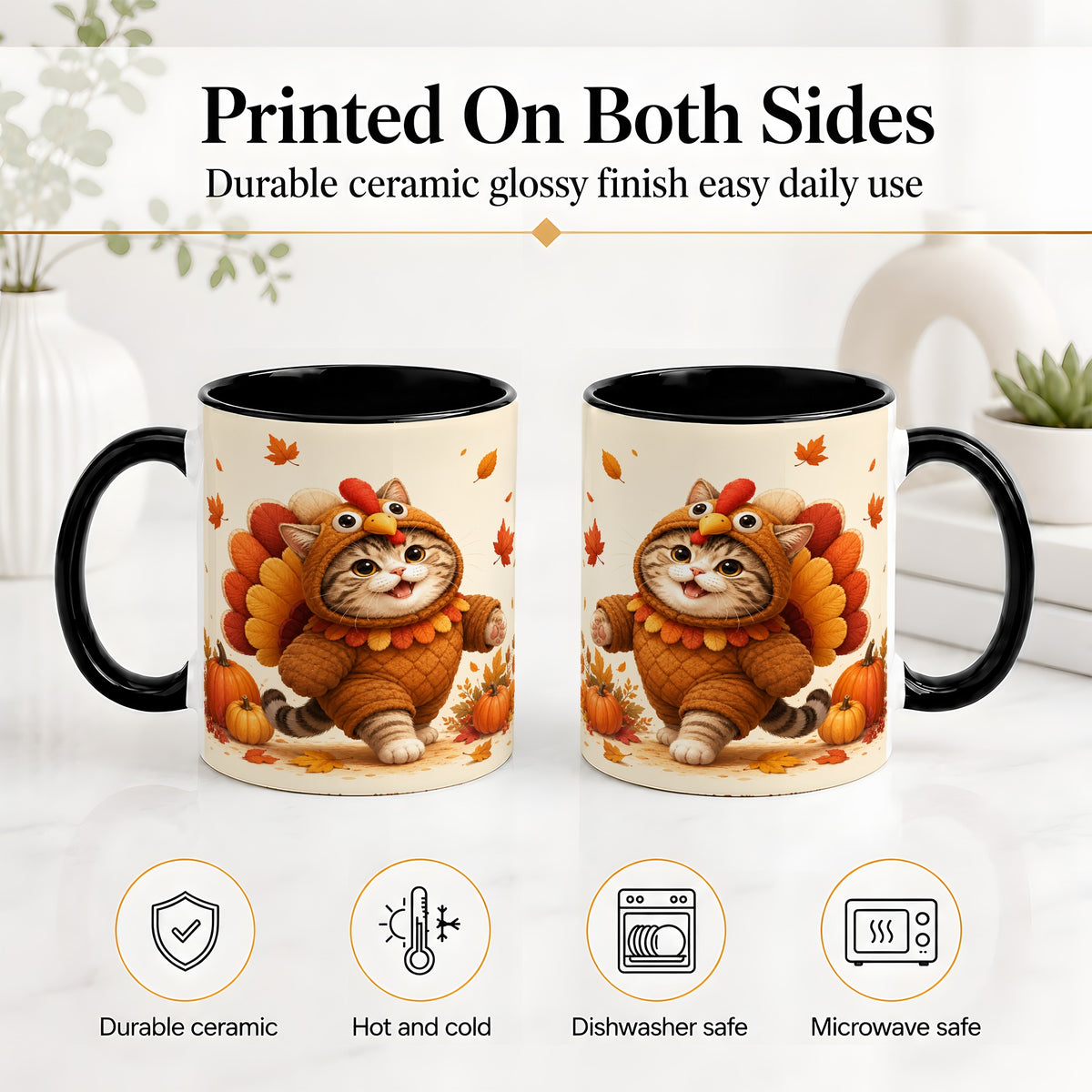 #pl[11oz|Black] Thanksgiving Cat Accent Mug, Mug with Turkey Costume Artwork