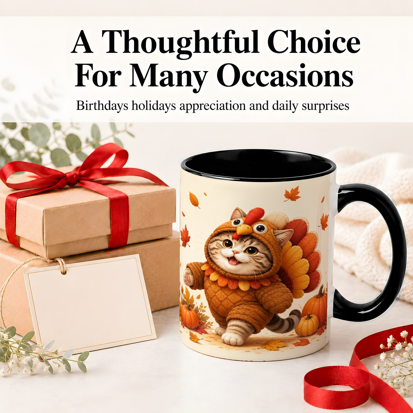 #pl[11oz|Black] Thanksgiving Cat Accent Mug, Mug with Turkey Costume Artwork