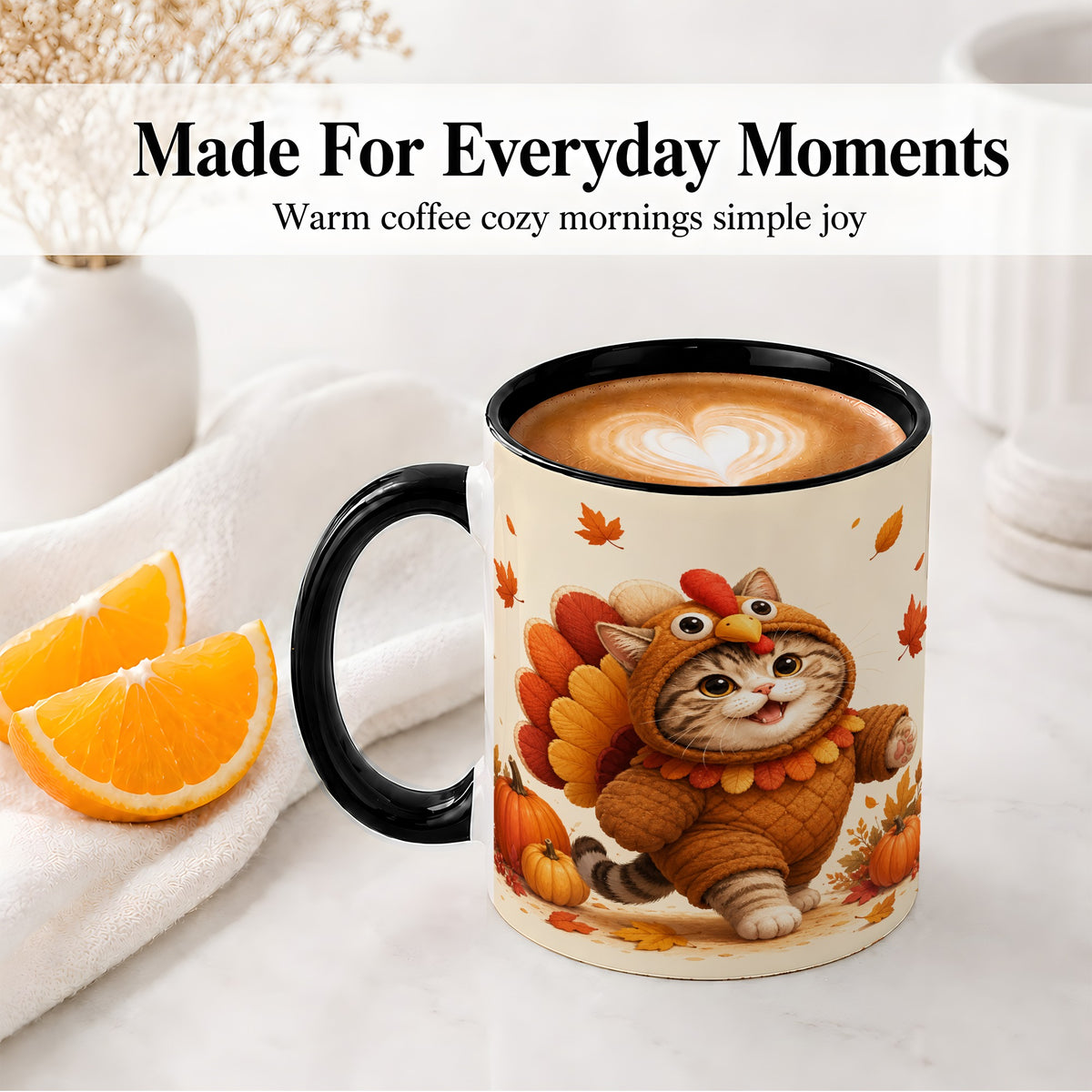 #pl[11oz|Black] Thanksgiving Cat Accent Mug, Mug with Turkey Costume Artwork