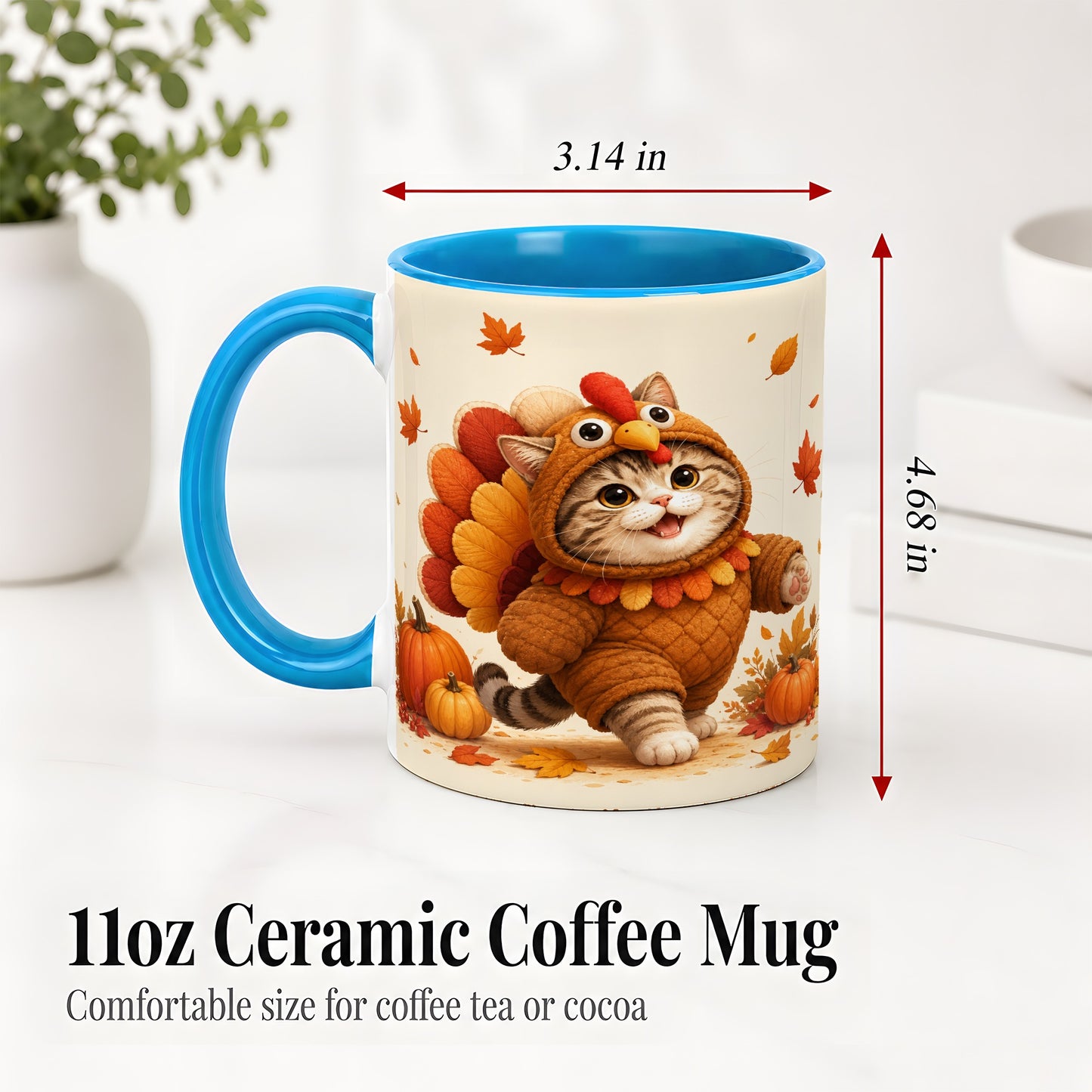 #pl[11oz|Blue] Thanksgiving Cat Accent Mug, Mug with Turkey Costume Artwork
