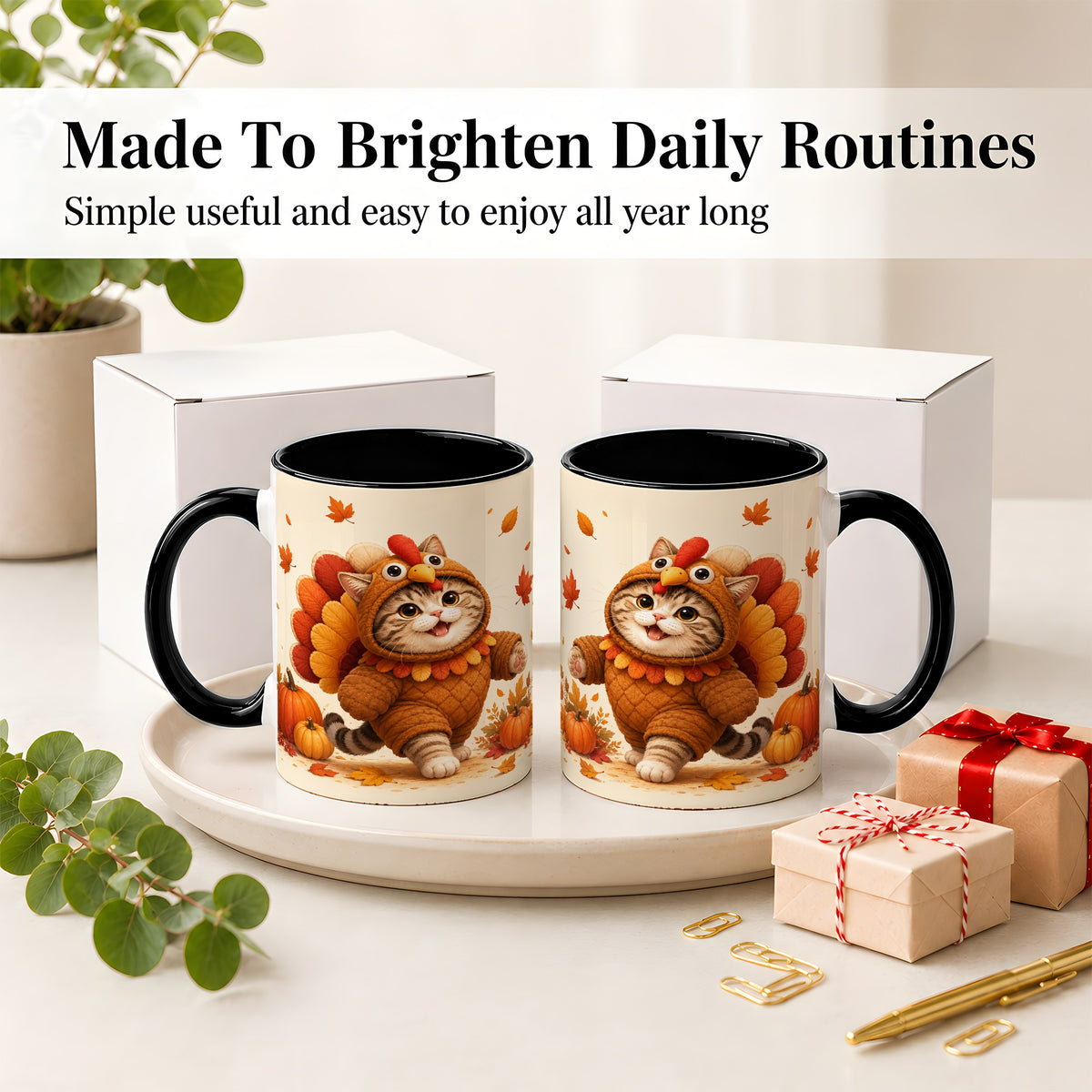 #pl[11oz|Black] Thanksgiving Cat Accent Mug, Mug with Turkey Costume Artwork