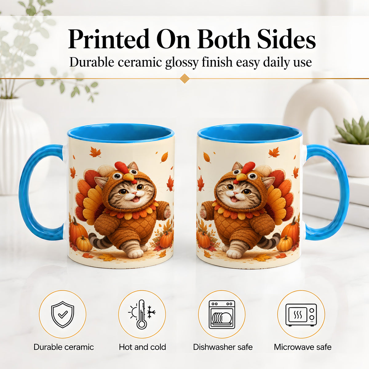 #pl[11oz|Blue] Thanksgiving Cat Accent Mug, Mug with Turkey Costume Artwork