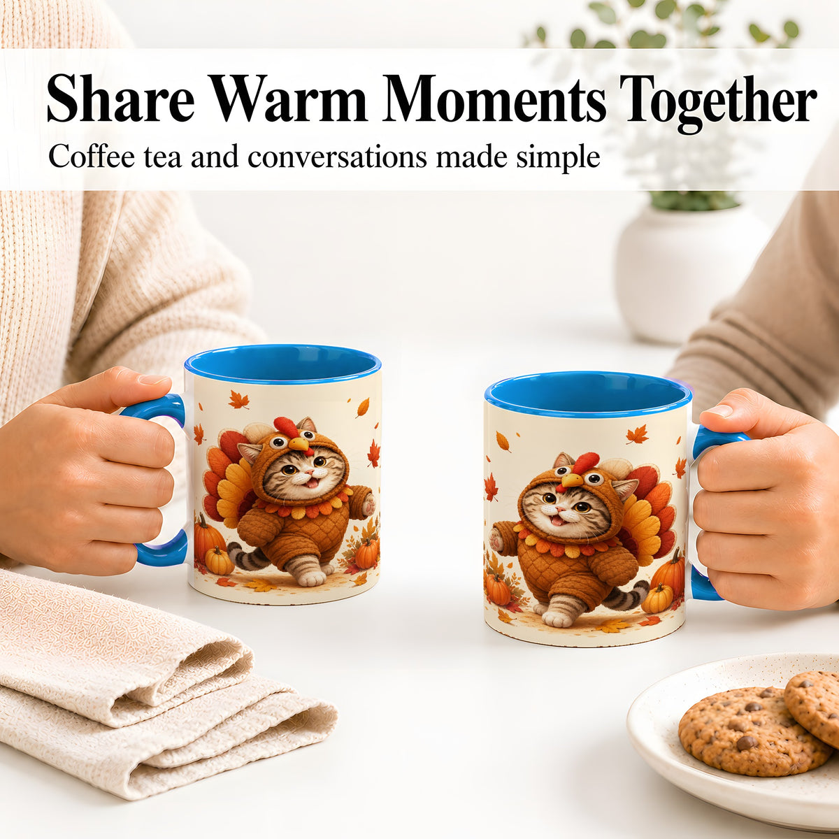 #pl[11oz|Blue] Thanksgiving Cat Accent Mug, Mug with Turkey Costume Artwork