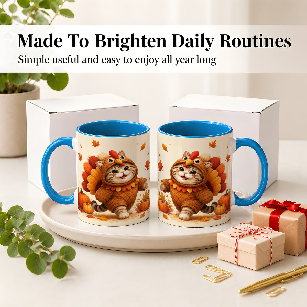 #pl[11oz|Blue] Thanksgiving Cat Accent Mug, Mug with Turkey Costume Artwork