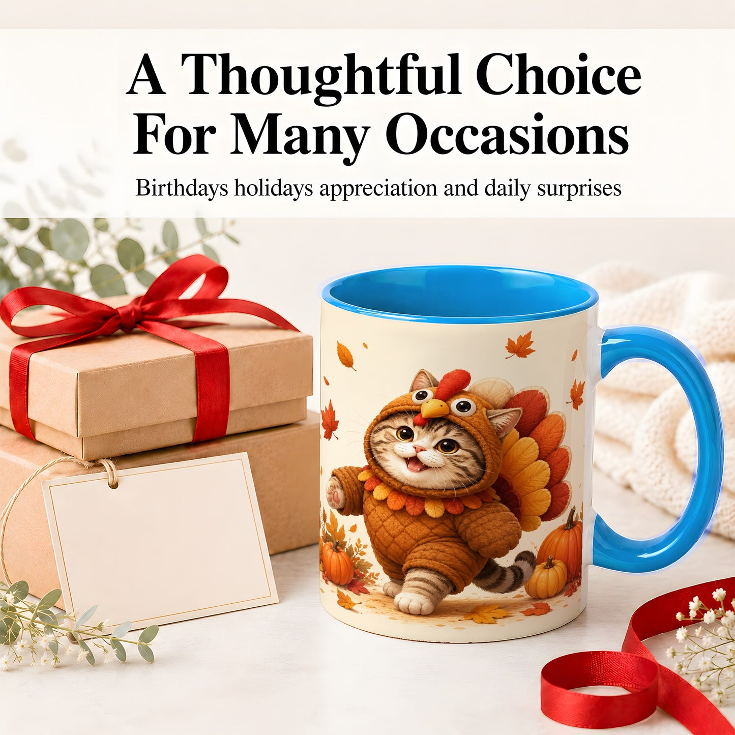 #pl[11oz|Blue] Thanksgiving Cat Accent Mug, Mug with Turkey Costume Artwork