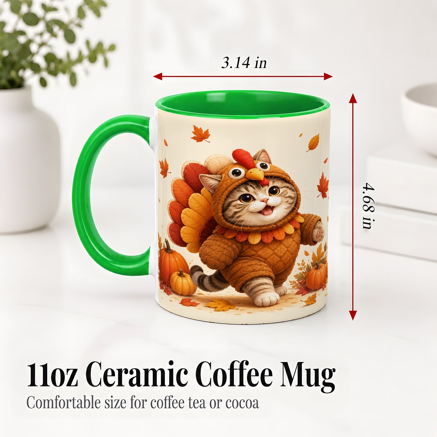 #pl[11oz|Green] Thanksgiving Cat Accent Mug, Mug with Turkey Costume Artwork