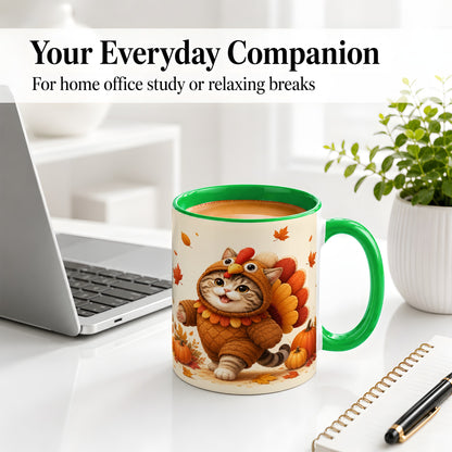 #pl[11oz|Green] Thanksgiving Cat Accent Mug, Mug with Turkey Costume Artwork