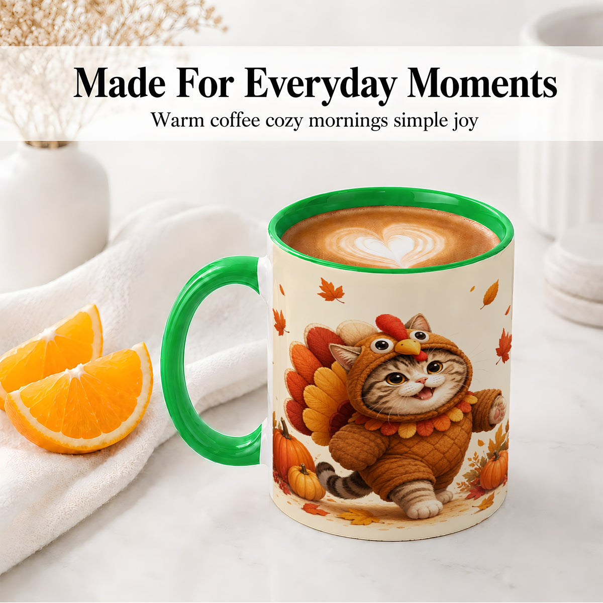 #pl[11oz|Green] Thanksgiving Cat Accent Mug, Mug with Turkey Costume Artwork