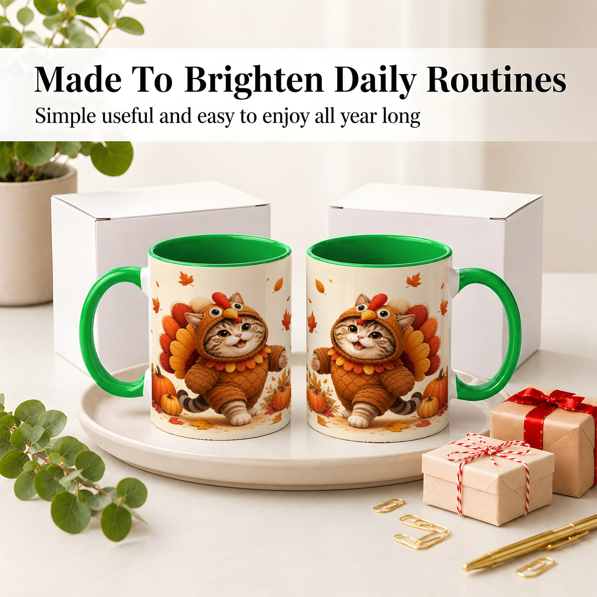 #pl[11oz|Green] Thanksgiving Cat Accent Mug, Mug with Turkey Costume Artwork