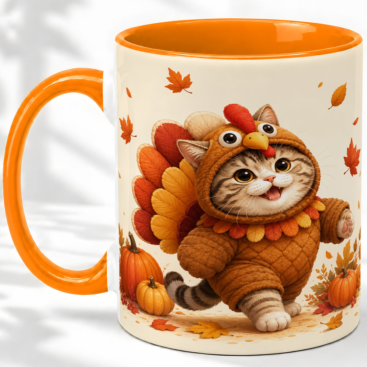 #pl[11oz|Orange] Thanksgiving Cat Accent Mug, Mug with Turkey Costume Artwork