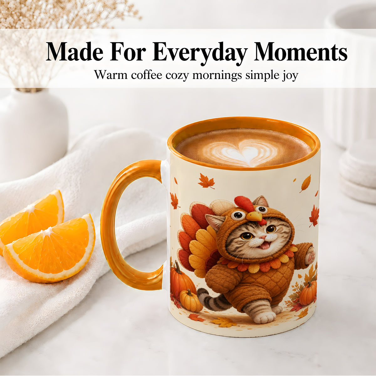 #pl[11oz|Orange] Thanksgiving Cat Accent Mug, Mug with Turkey Costume Artwork
