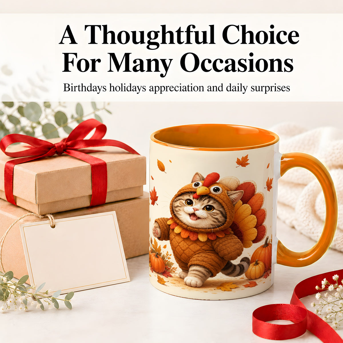 #pl[11oz|Orange] Thanksgiving Cat Accent Mug, Mug with Turkey Costume Artwork