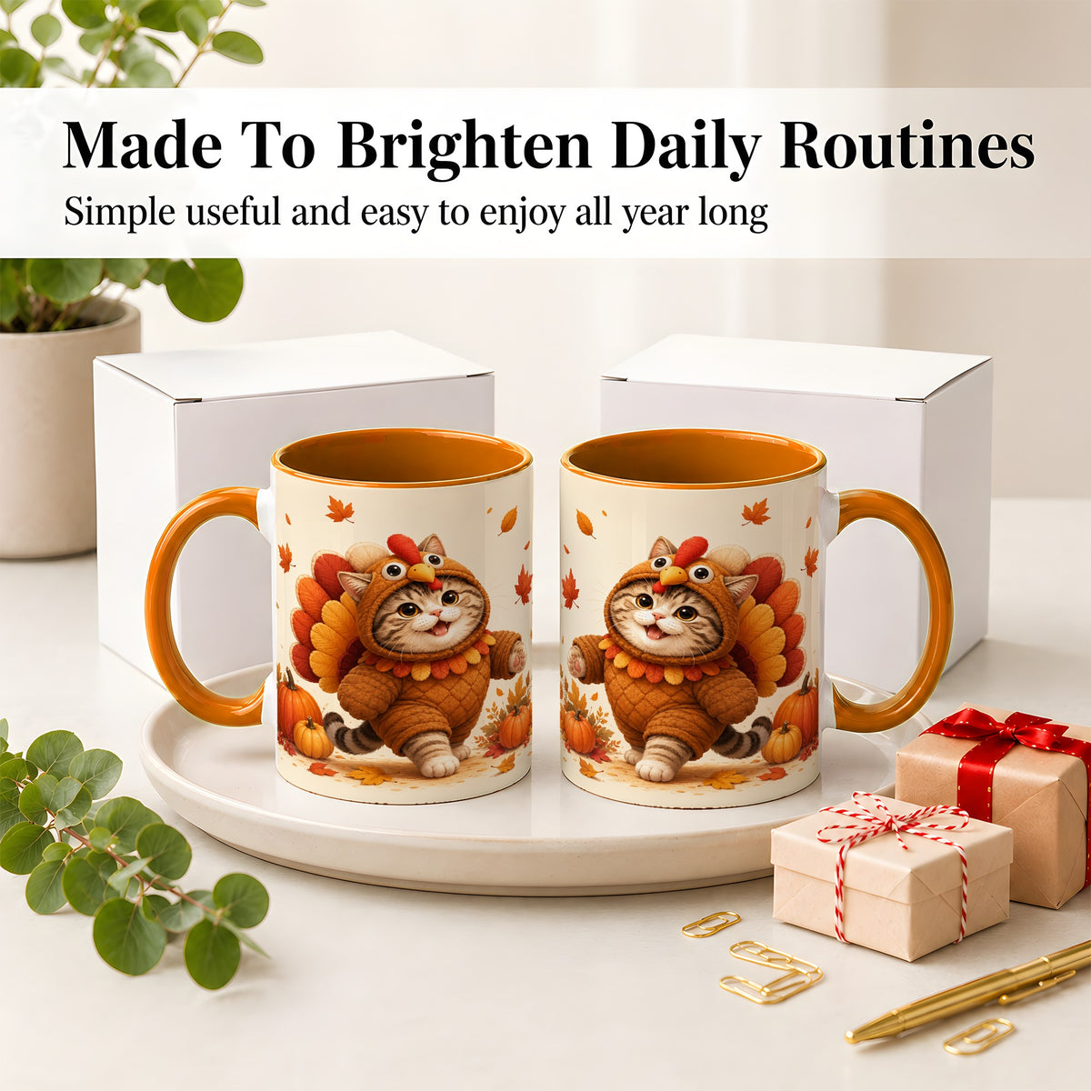 #pl[11oz|Orange] Thanksgiving Cat Accent Mug, Mug with Turkey Costume Artwork