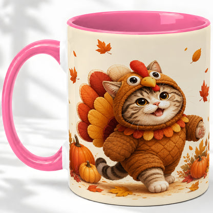 #pl[11oz|Pink] Thanksgiving Cat Accent Mug, Mug with Turkey Costume Artwork