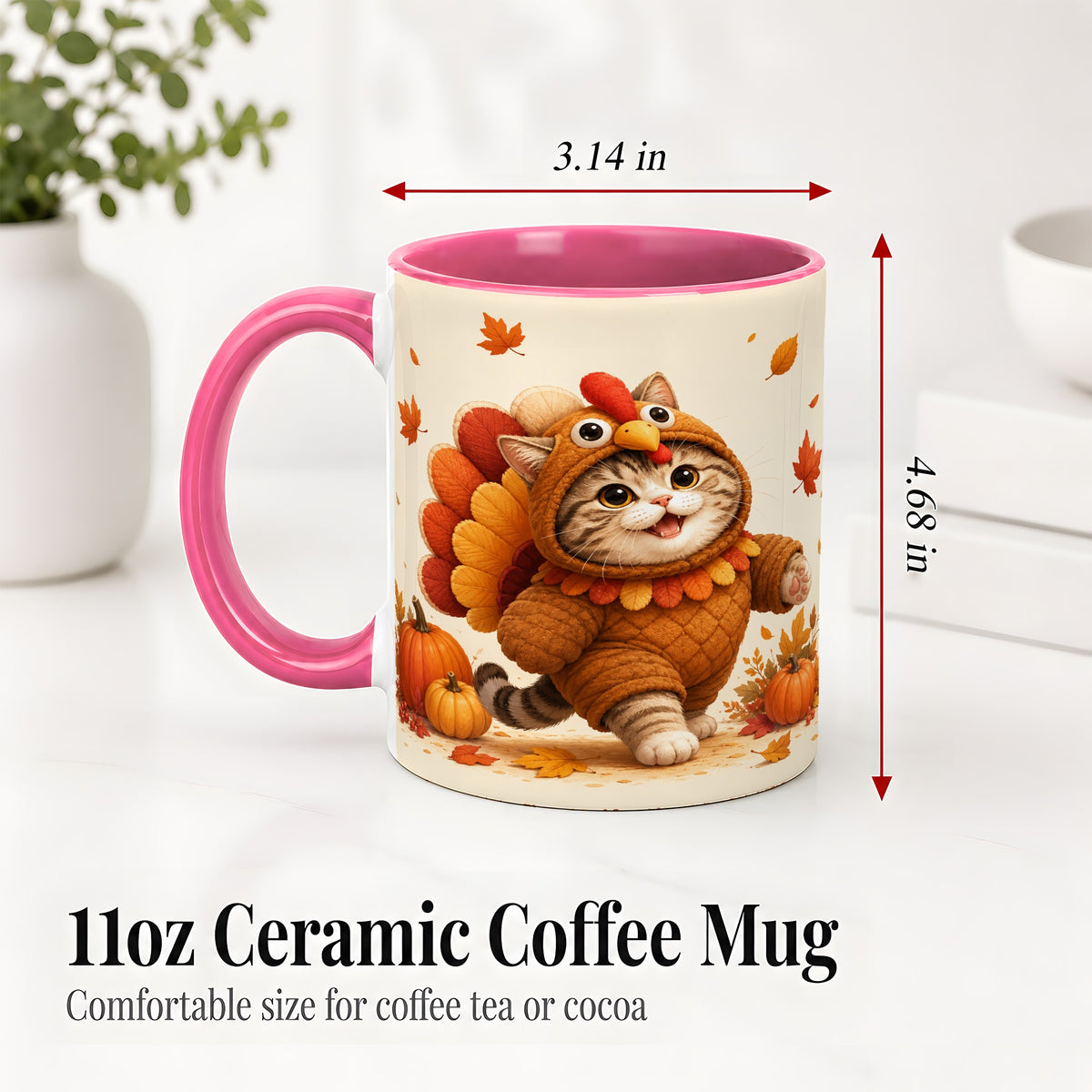 #pl[11oz|Pink] Thanksgiving Cat Accent Mug, Mug with Turkey Costume Artwork