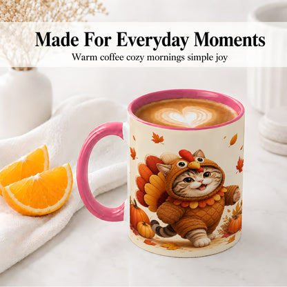 #pl[11oz|Pink] Thanksgiving Cat Accent Mug, Mug with Turkey Costume Artwork