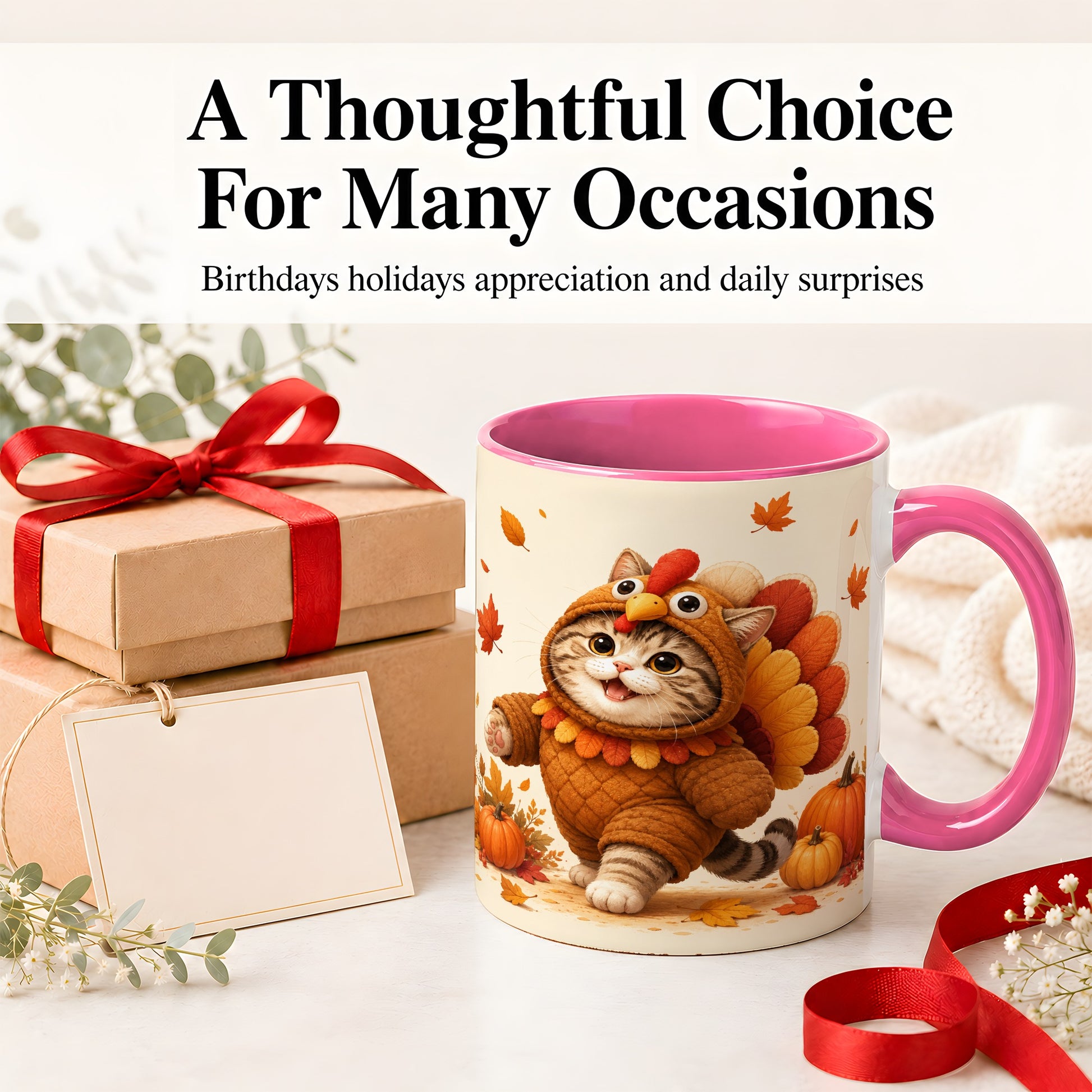 #pl[11oz|Pink] Thanksgiving Cat Accent Mug, Mug with Turkey Costume Artwork