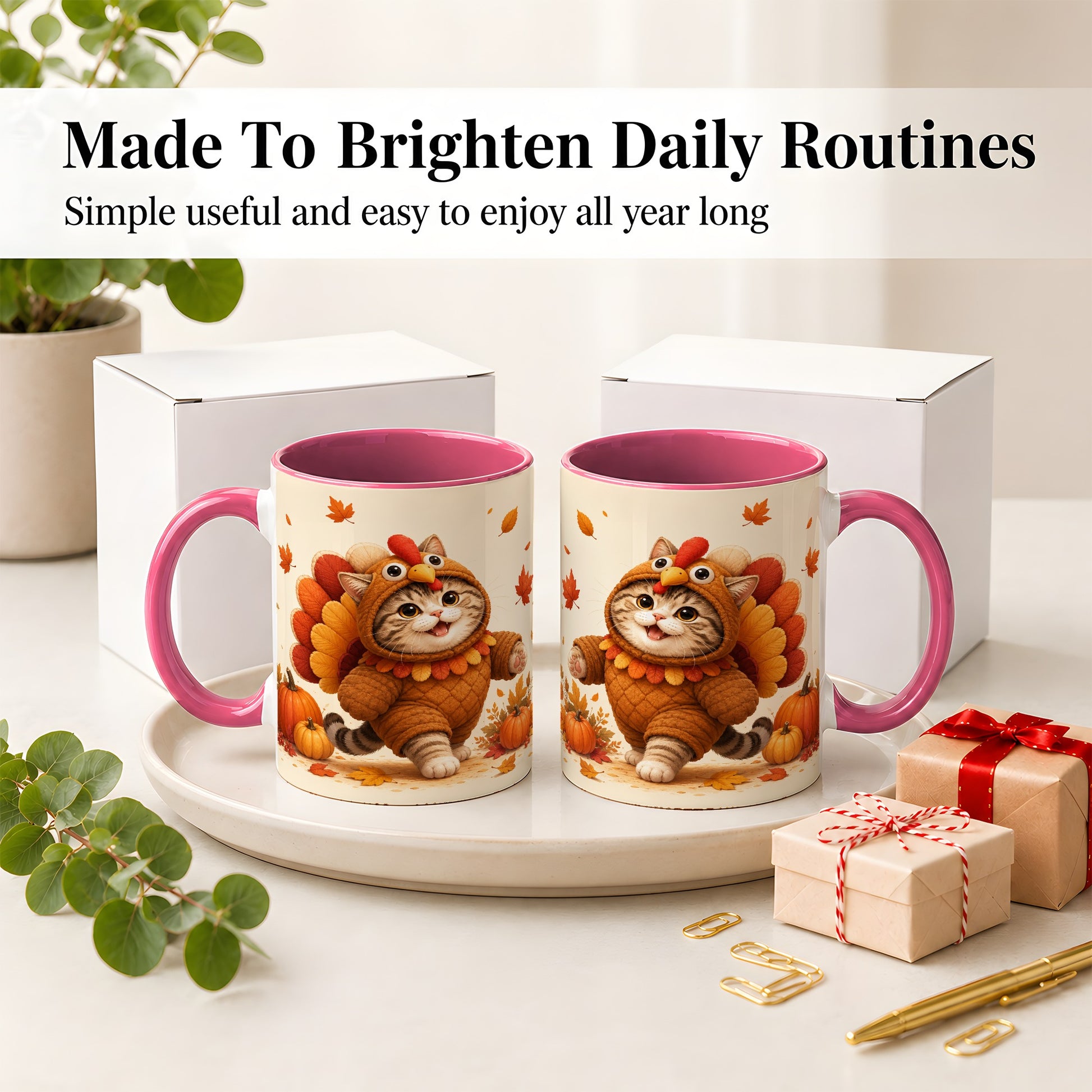 #pl[11oz|Pink] Thanksgiving Cat Accent Mug, Mug with Turkey Costume Artwork