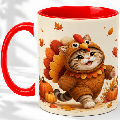 Thanksgiving Cat Accent Mug, Mug with Turkey Costume Artwork