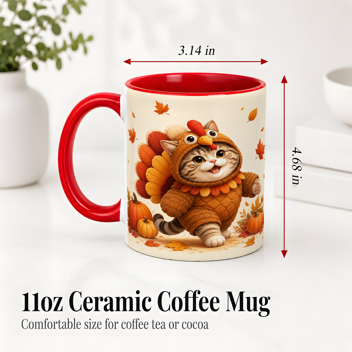 #pl[11oz|Red] Thanksgiving Cat Accent Mug, Mug with Turkey Costume Artwork