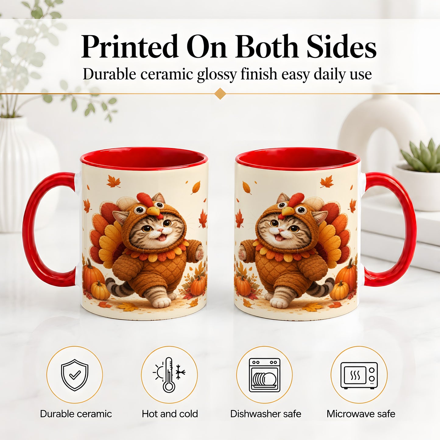 #pl[11oz|Red] Thanksgiving Cat Accent Mug, Mug with Turkey Costume Artwork