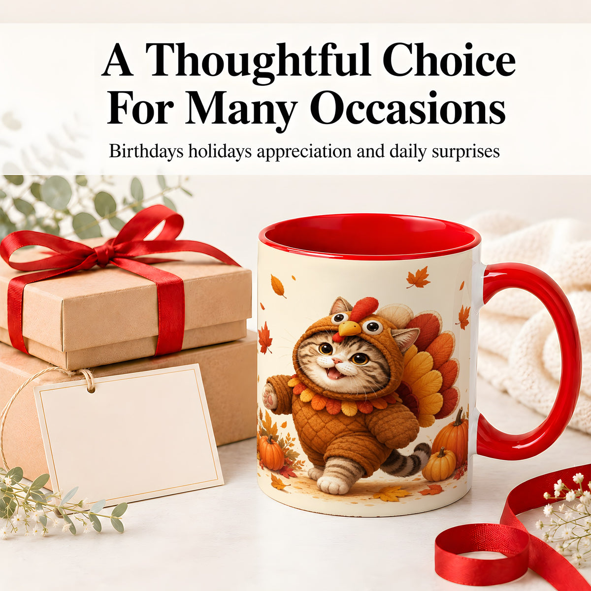 #pl[11oz|Red] Thanksgiving Cat Accent Mug, Mug with Turkey Costume Artwork