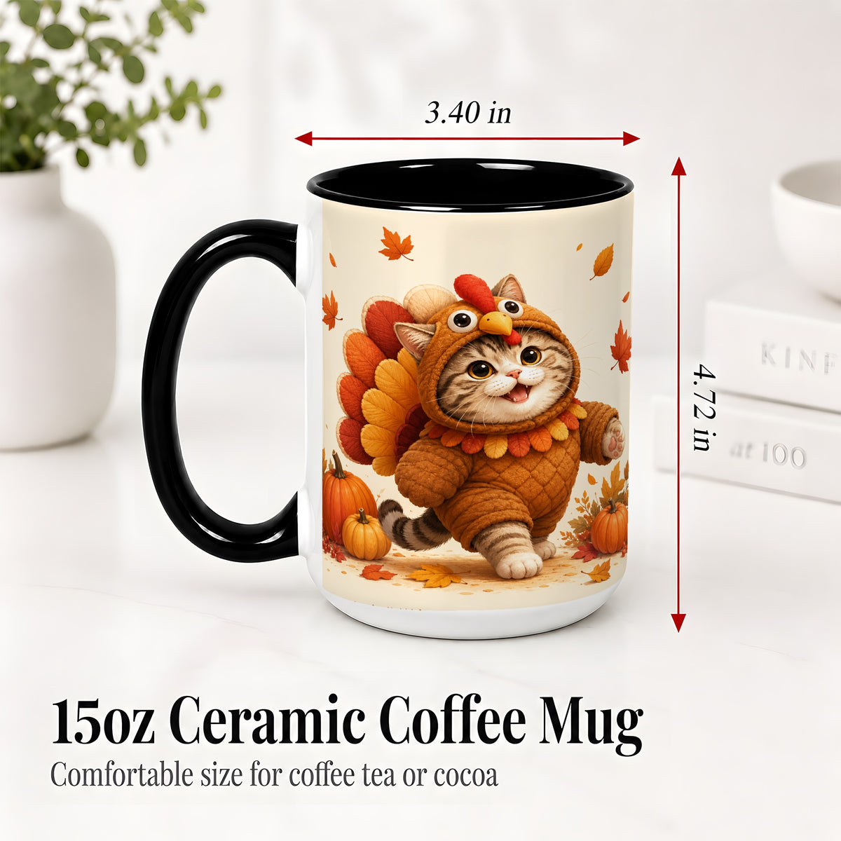 #pl[15oz|Black] Thanksgiving Cat Accent Mug, Mug with Turkey Costume Artwork