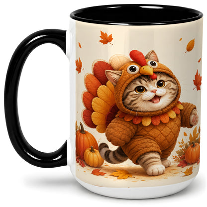 #pl[15oz|Black] Thanksgiving Cat Accent Mug, Mug with Turkey Costume Artwork