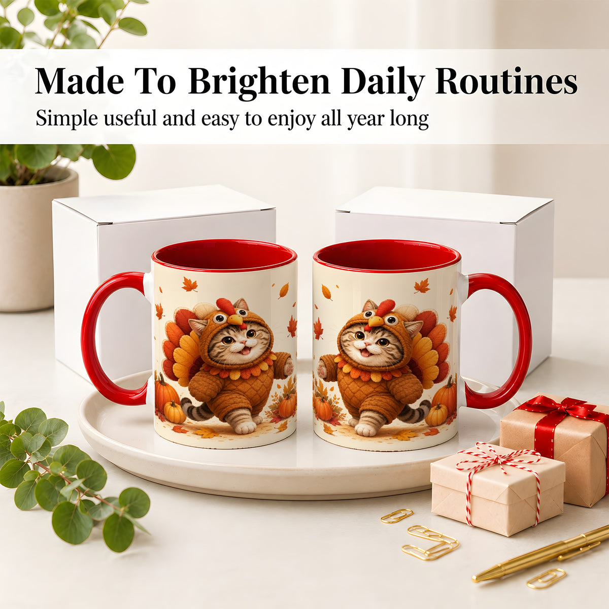 #pl[11oz|Red] Thanksgiving Cat Accent Mug, Mug with Turkey Costume Artwork