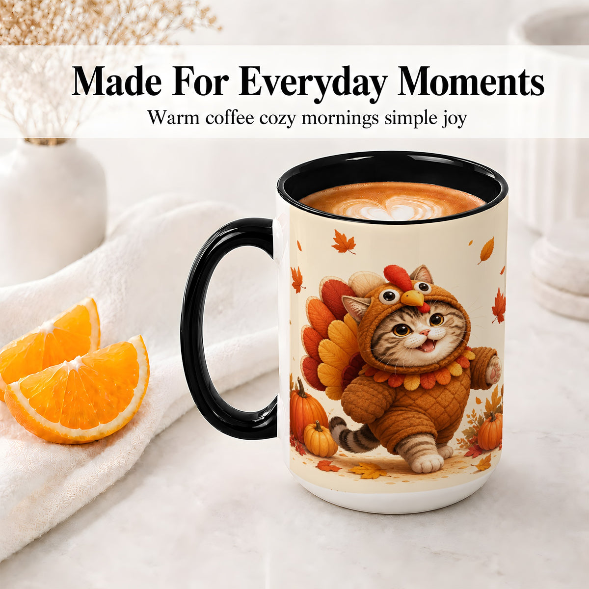 #pl[15oz|Black] Thanksgiving Cat Accent Mug, Mug with Turkey Costume Artwork