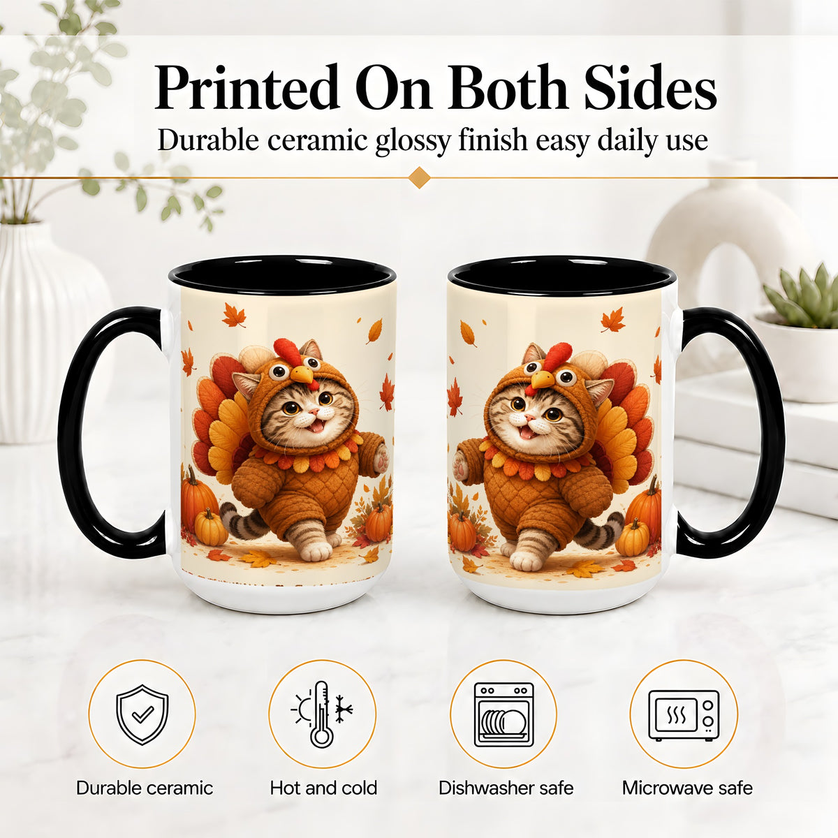 #pl[15oz|Black] Thanksgiving Cat Accent Mug, Mug with Turkey Costume Artwork