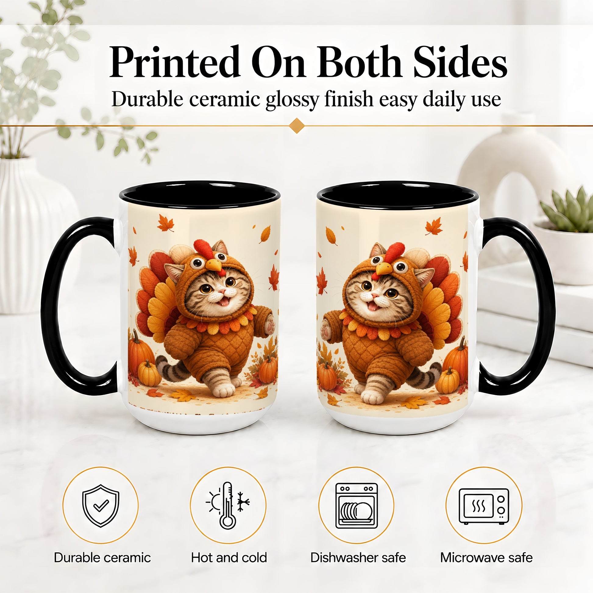 #pl[15oz|Black] Thanksgiving Cat Accent Mug, Mug with Turkey Costume Artwork