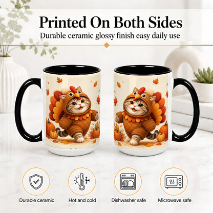 #pl[15oz|Black] Thanksgiving Cat Accent Mug, Mug with Turkey Costume Artwork