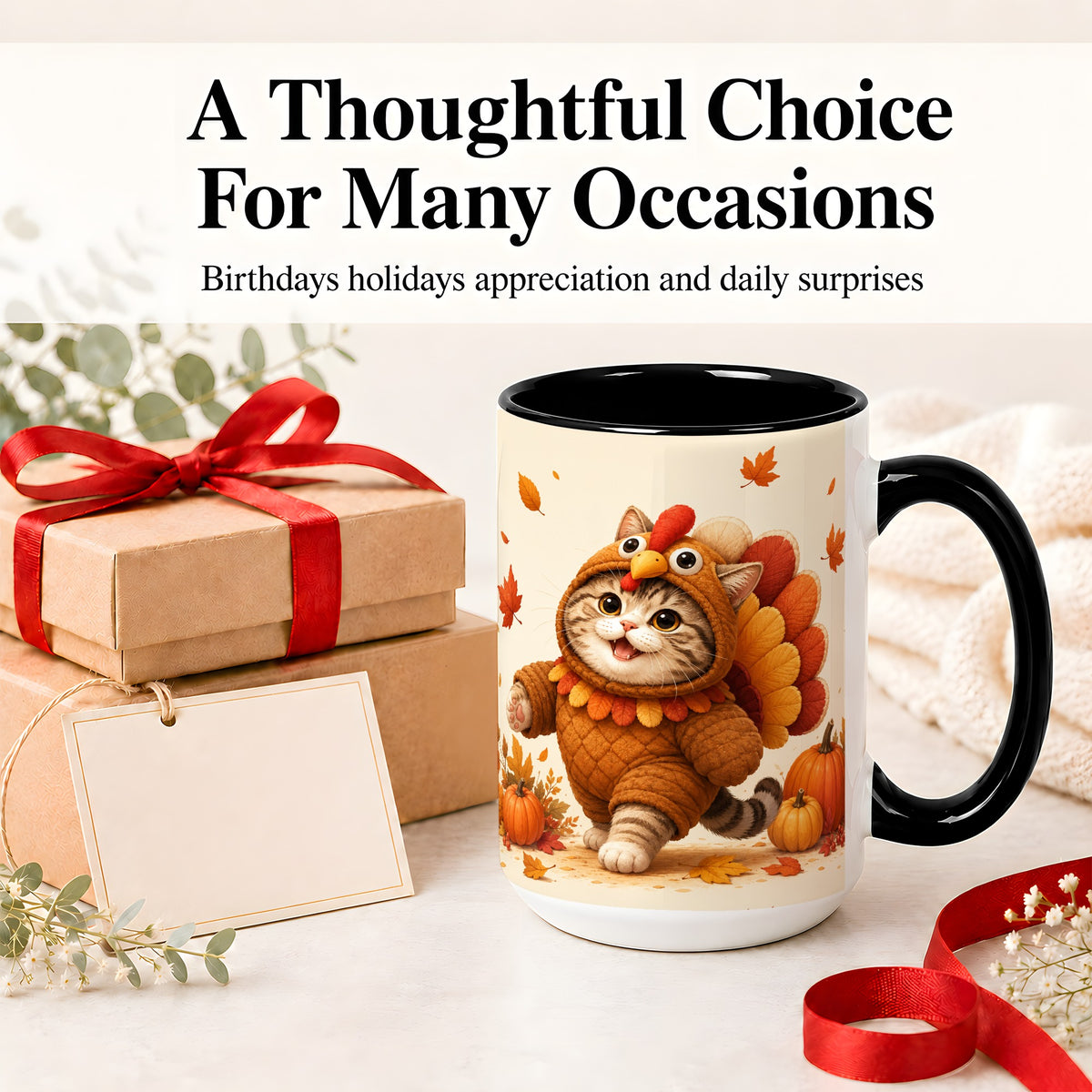 #pl[15oz|Black] Thanksgiving Cat Accent Mug, Mug with Turkey Costume Artwork