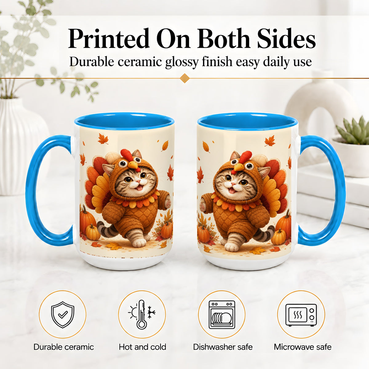 #pl[15oz|Blue] Thanksgiving Cat Accent Mug, Mug with Turkey Costume Artwork
