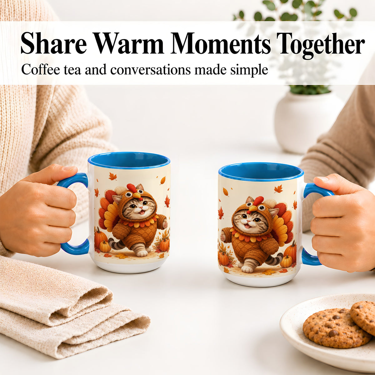#pl[15oz|Blue] Thanksgiving Cat Accent Mug, Mug with Turkey Costume Artwork