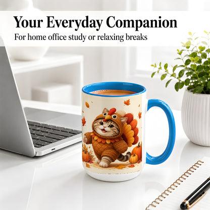 #pl[15oz|Blue] Thanksgiving Cat Accent Mug, Mug with Turkey Costume Artwork