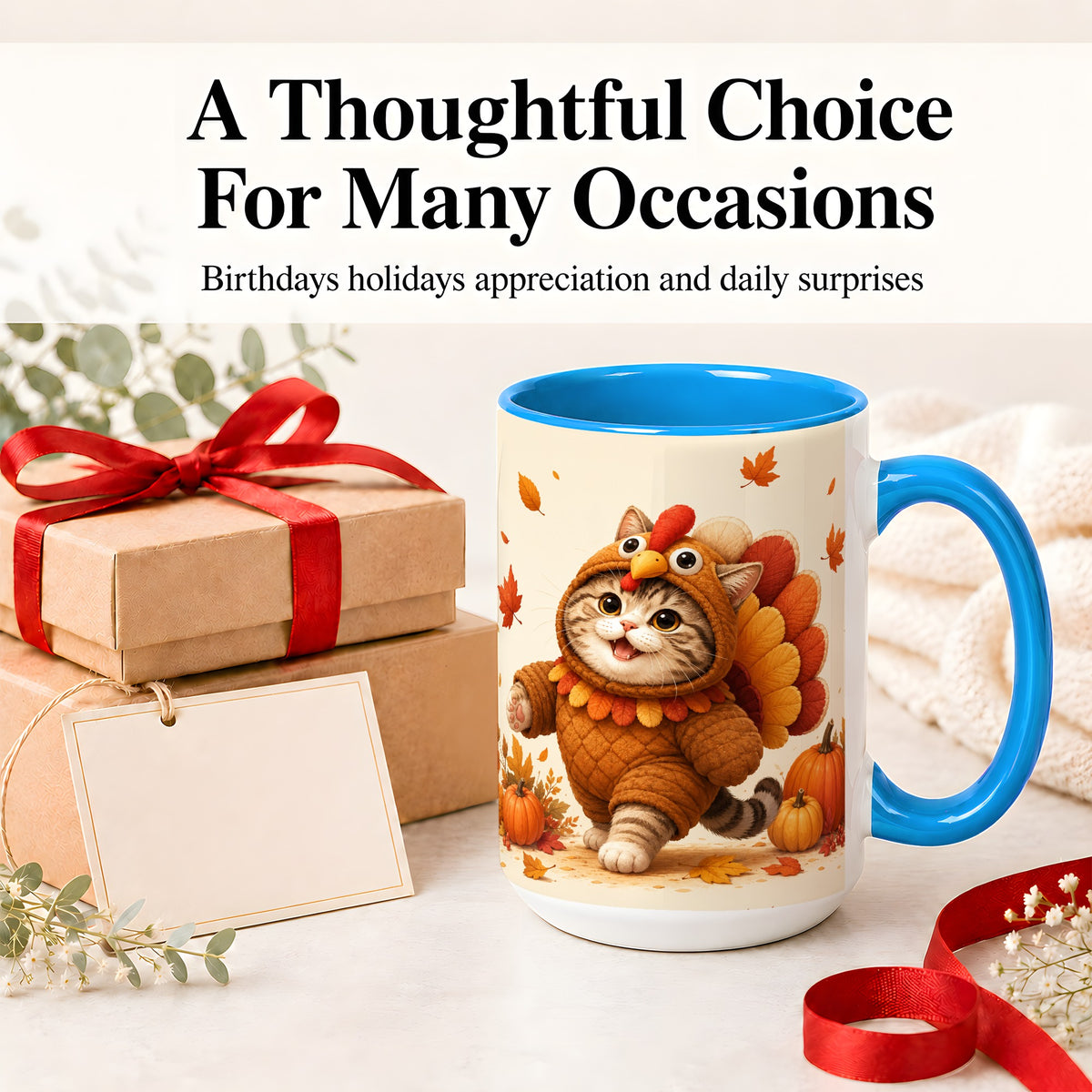 #pl[15oz|Blue] Thanksgiving Cat Accent Mug, Mug with Turkey Costume Artwork
