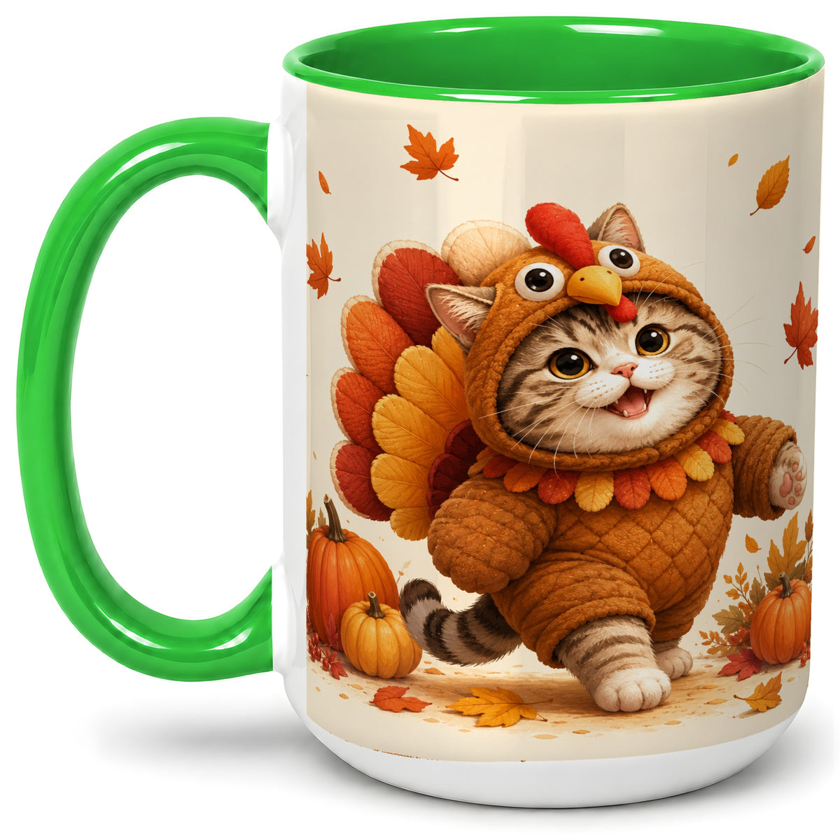 #pl[15oz|Green] Thanksgiving Cat Accent Mug, Mug with Turkey Costume Artwork