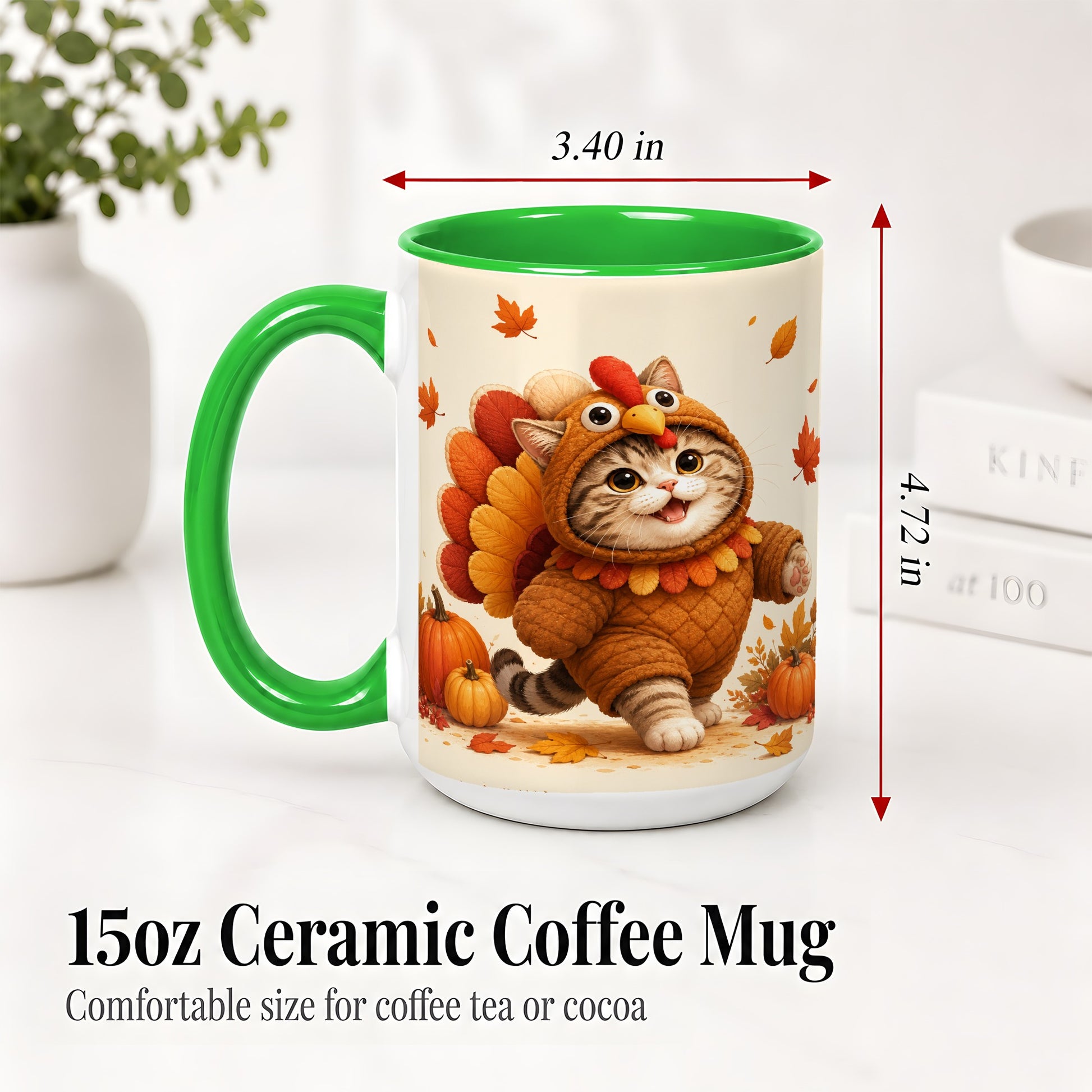 #pl[15oz|Green] Thanksgiving Cat Accent Mug, Mug with Turkey Costume Artwork