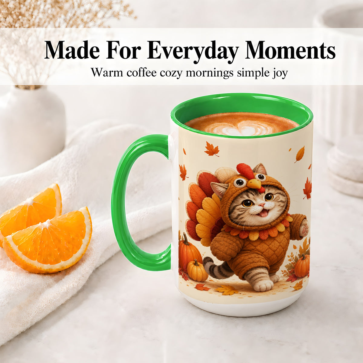 #pl[15oz|Green] Thanksgiving Cat Accent Mug, Mug with Turkey Costume Artwork