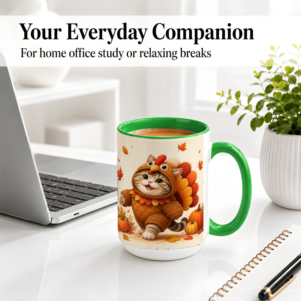 #pl[15oz|Green] Thanksgiving Cat Accent Mug, Mug with Turkey Costume Artwork