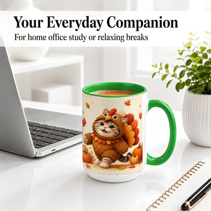 #pl[15oz|Green] Thanksgiving Cat Accent Mug, Mug with Turkey Costume Artwork