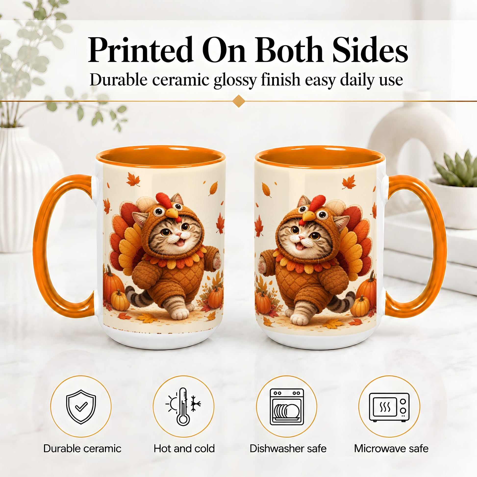 #pl[15oz|Orange] Thanksgiving Cat Accent Mug, Mug with Turkey Costume Artwork