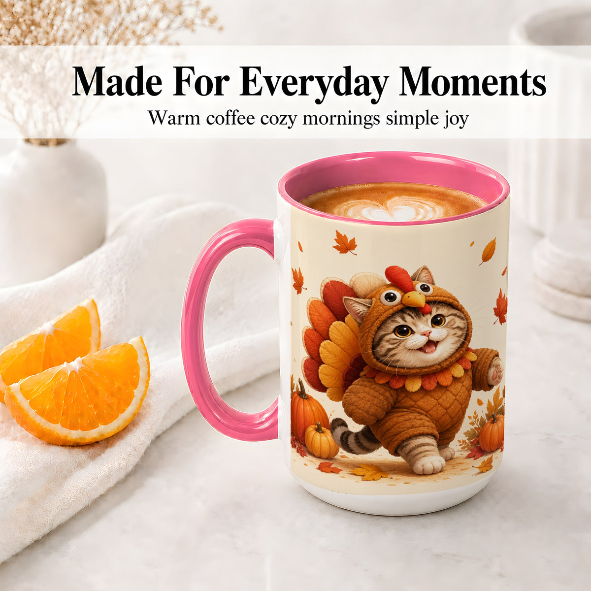 #pl[15oz|Pink] Thanksgiving Cat Accent Mug, Mug with Turkey Costume Artwork