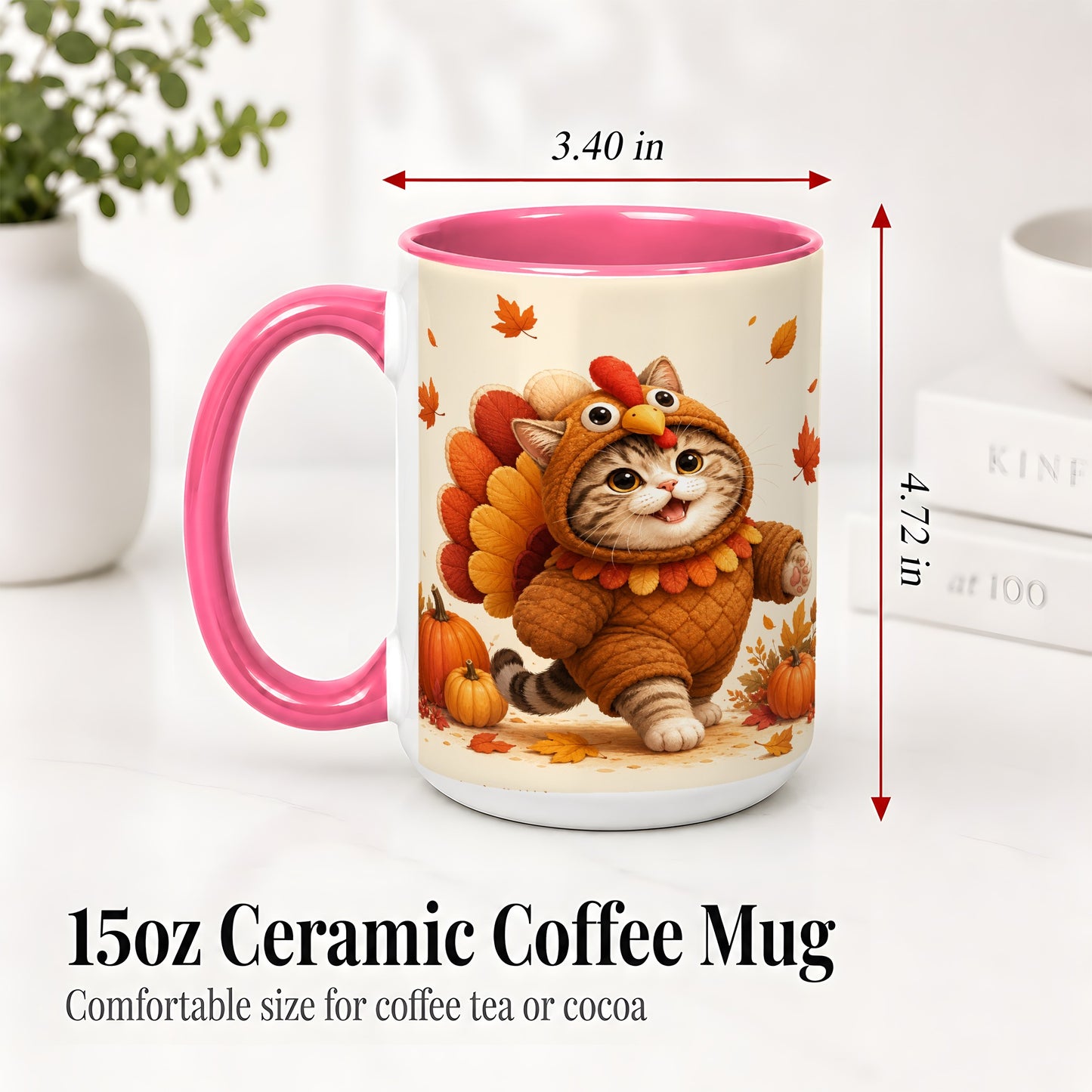 #pl[15oz|Pink] Thanksgiving Cat Accent Mug, Mug with Turkey Costume Artwork