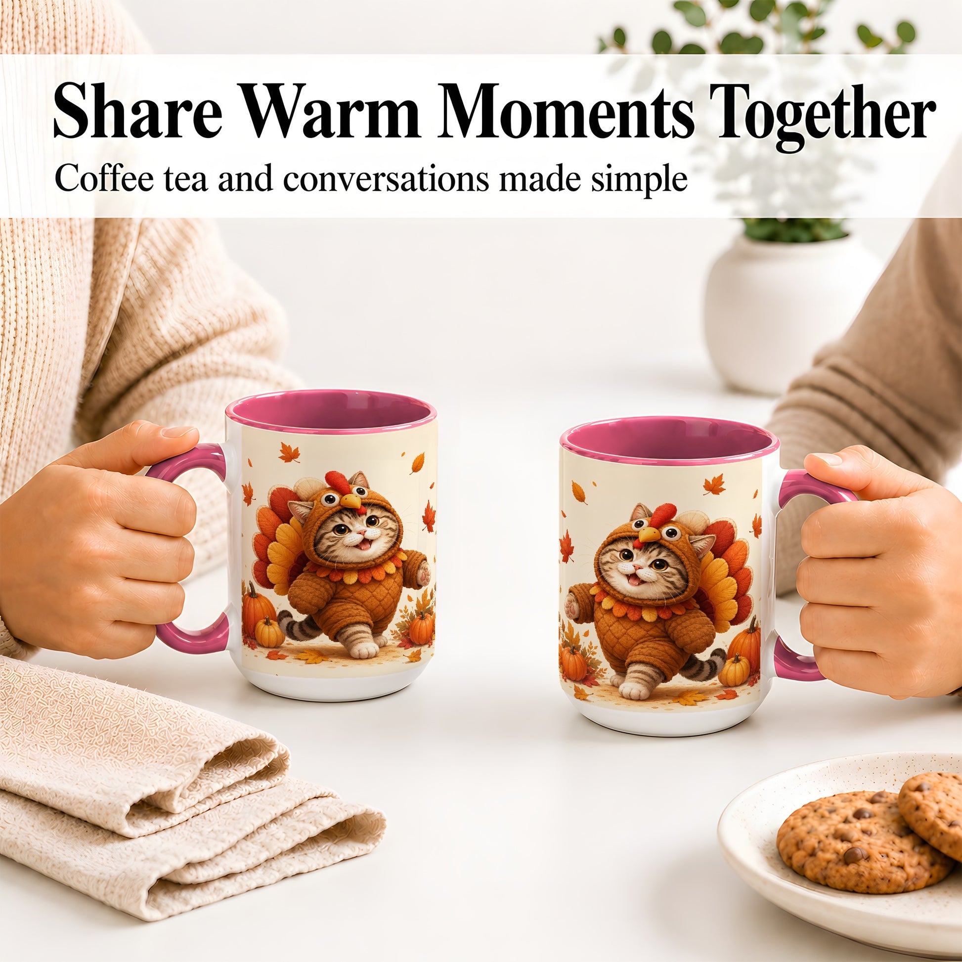 #pl[15oz|Pink] Thanksgiving Cat Accent Mug, Mug with Turkey Costume Artwork