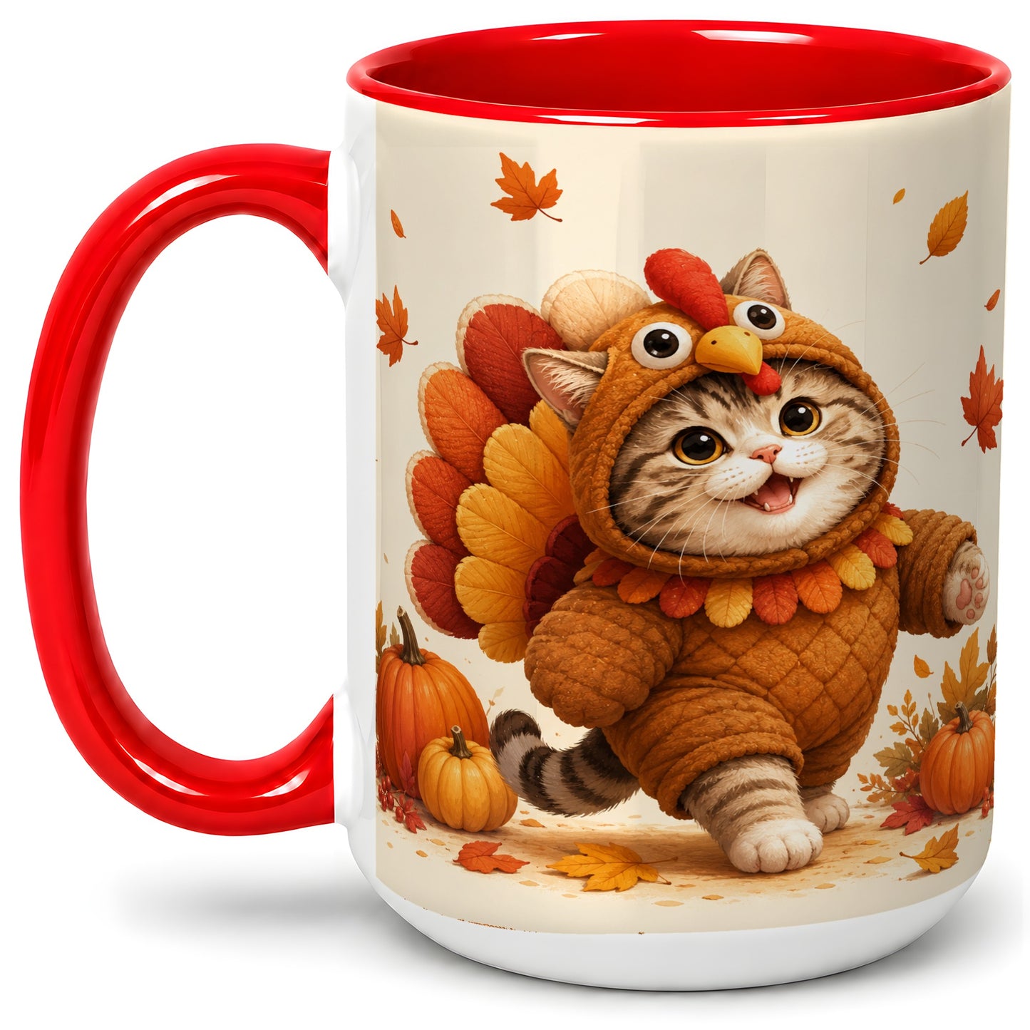 #pl[15oz|Red] Thanksgiving Cat Accent Mug, Mug with Turkey Costume Artwork